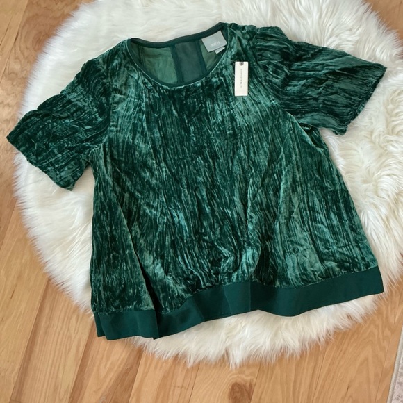 Anthropologie Tops - NWT Maeve Anthropologie Emerald Velvet Short Sleeve Blouse Size Large